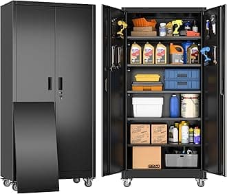 Garage Storage Cabinet with Wheels & Pegboard, 72" H Locking Metal Storage Cabinet with Doors and 4 Adjustable Shelves for Garage Workshop Home, Assembly Required, Black
