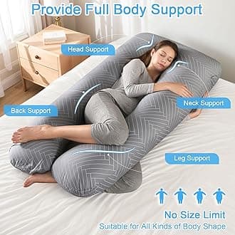 SHANNA Pregnancy Pillow for Sleeping, Baby Nursing Pillow U-Shape, 100% Cotton Maternity and Side Body Pillows with Removable and Washable Pillowcase, 145 x 70 cm(Grey Striped)