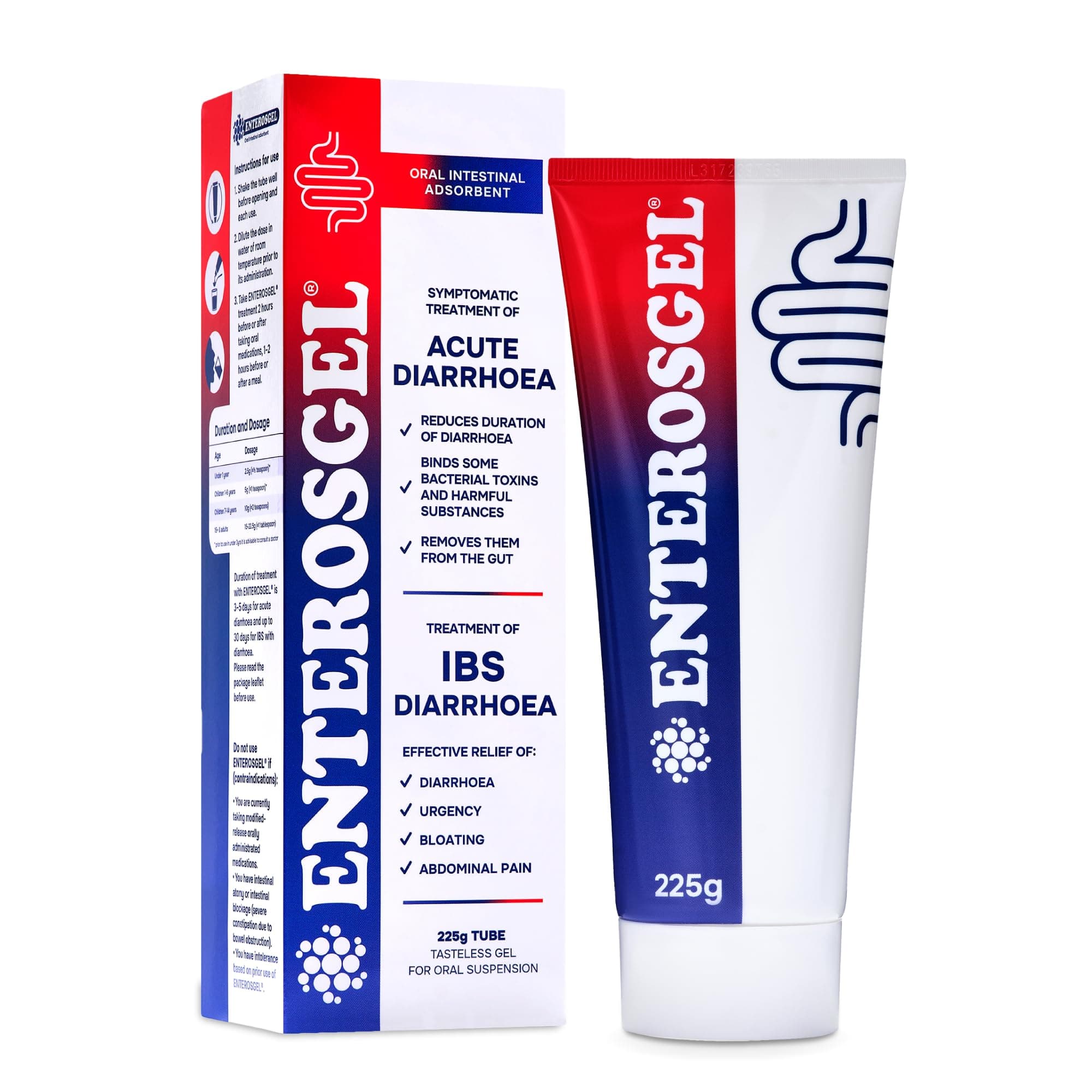 Enterosgel IBS Relief Gel Tube 225g - Oral Intestinal Adsorbent, Acute Diarrhoea & Stomach Pain Relief, Bloating Relief & Trapped Wind Relief - Treats Root Causes, Suitable for Children & Adults