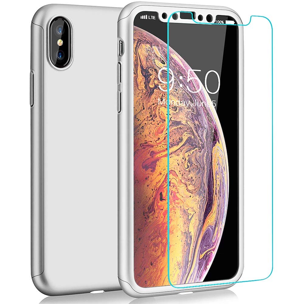 COOLQO Compatible for iPhone Xs Max Case 6.5 inch, Full Body Coverage Protection 2in1 Ultra-Thin Matte Finish Coating PC Hard Slim Phone Protective Cover with [Tempered Glass Screen Protector] Silver