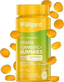 Wellgard Vegan High Strength Turmeric Gummies with Ginger – 1980MG Chewable Turmeric Curcumin Supplement, 60 Gummies, Peach Flavour