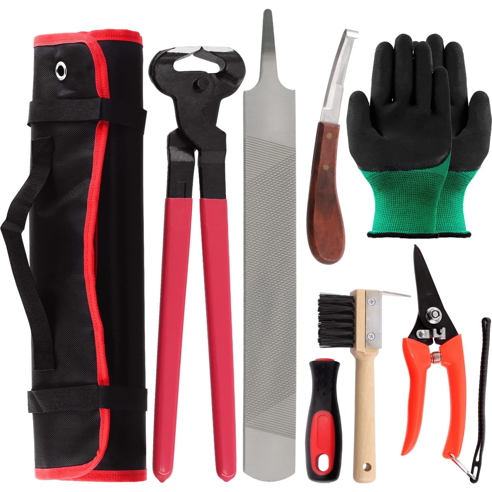 8Pcs Professional Farrier Tools Value Kit with Roll Pack, Horses Hoof Trimmers Shears Tools, Hoof Cutter, Farrier Rasp File and Rubber Handle, Hoof Nipper, Horseshoe Brush, Hoof Knife