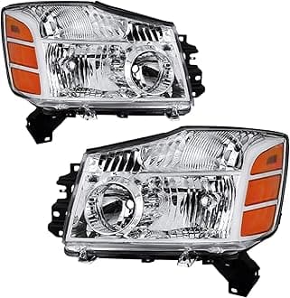 Headlight Assembly Compatible with 2004-2015 Nissan Titan / 05-07 Armada OEM Replacement Headlamp Passenger and Driver Side Chrome Housing with Amber Reflector