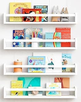Forbena 24 Inch Wall Bookshelf for Kids Bedroom Set of 4, White Floating Nursery Book Shelves for Baby Toddler Children Girls Boys Room Decor, Large Wood Wall Mount Bookshelves and Toy Storage