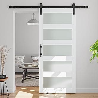 32in x 84in 5-Panel Sliding Glass Barn Door with 6ft Hardware Kit Included, Easy Assembly with Pre-Drilled Holes, WaterProof, Frosted Glass for Bathroom-Fit Max Opening 30in x 82in, White