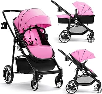 2 in 1 Baby Stroller, High Landscape Infant Stroller & Reversible Bassinet Pram, Foldable Pushchair with Adjustable Canopy, Storage Basket, Cup Holder, Suspension Wheels (Pink)