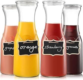 1L Glass Water Bottles, Set of 4 Glass Carafes with Lids, Beverage Pitcher for Mimosa Bar, Brunch, Cold Water, Juice, Milk, Iced Tea, Lemonade – Includes 4 Wooden Chalkboard Tags