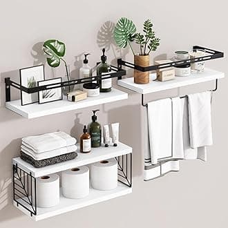 Fixwal Wall Mounted Bathroom Shelves Over Toilet, Rustic Wood Floating Shelves with Metal Frame and Towel Bar for Bathroom, Kitchen, Bedroom, Living Room (White)