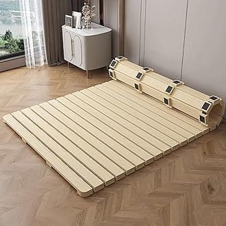 Folding Bed Frame, Natural Solid Wood Bed Frame,Japanese Platform Bed Frame Wooden Slatted Pallet Floor Bed, Roll-Up Slatted, 79" Lx53 W