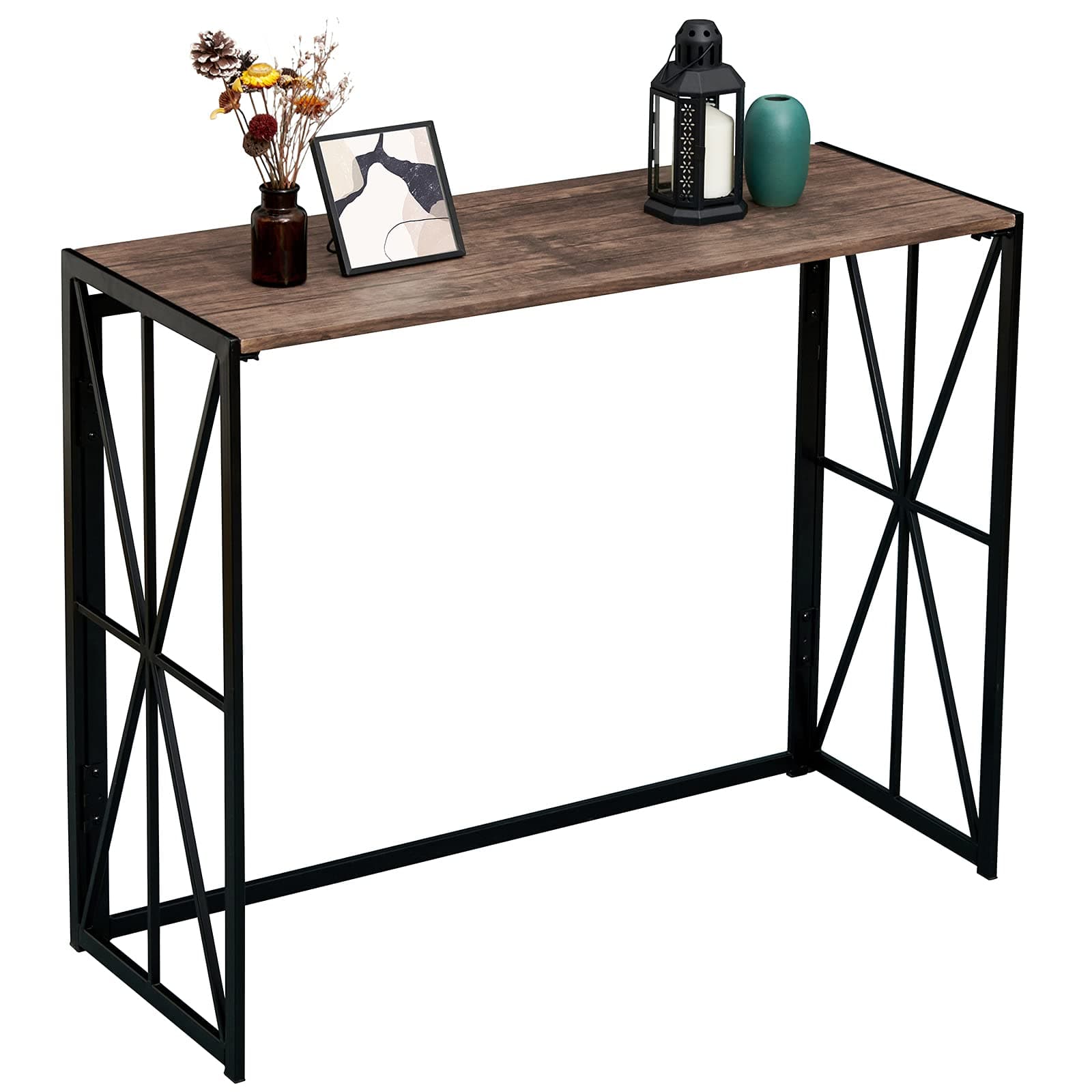 Console Sofa Table for Entryway No Assembly Couch Hallway Wall Table Folding Living Room TV Stand Narrow Entrance Foyer Table Industrial Kitchen Buffet Bar Height Table with Metal X-Frame,Rustic Brown