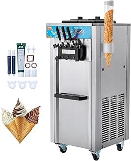 VEVOR Commercial Ice Cream Machine, 21-31 L/H Yield, 1800W 3-Flavor Freestanding Soft Serve Ice Cream Maker, 2 x 5.5L Stainless Steel Cylinder, LED Panel Auto Clean Pre-cooling, for Restaurant Bars