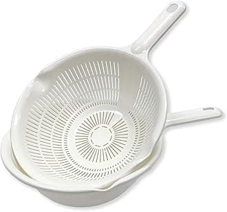 Kitchen Colanders and Bowl with Handle Pair Set. Easy to Use, 1.3-quart, 8" Handy Size, for Pasta, Spaghetti, Berry, Veggies, Fruits, Noodles, Salads, Made in Japan (White with Handle)
