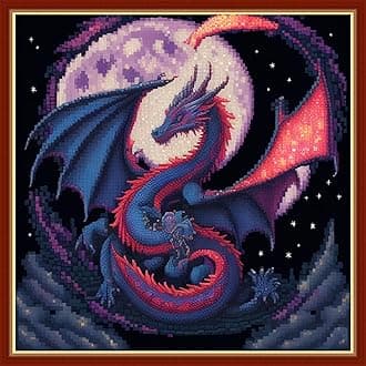 Findvoor Stamped Cross Stitch Kits for Beginners Full Range of Cross Stitching Embroidery Pattern for Kids or Adults, 11CT DIY Needlepoint Embroidery Starter Kits-Dragon Moon 17.7x17.7 inch