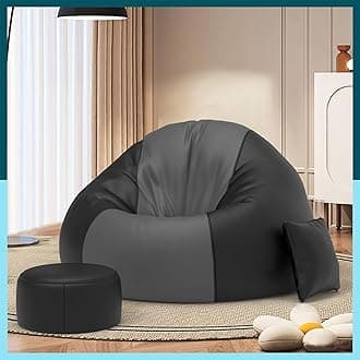 6XL Bean Bag Chair with Beans Filled - Bean Bag Sofa with Footrest Dark Grey Black Bean Bags for Living Room, Bedroom - Free Cushion & Footrest - Colorflex Lounge Combo - Faux Leather