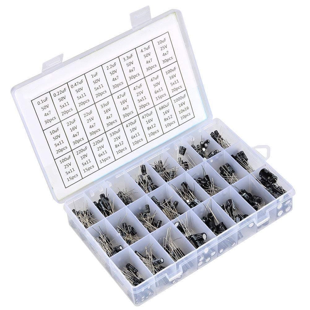 SunTop 500pcs Electrolytic Capacitor, Range 0.1uF - 1000uF, 24 Value Aluminum Capacitor Assortment Box Kit, 50V 25V 16V 10V, 0.1 0.22 0.47 1 2.2 3.3 4.7 10 22 33 47 100 220 330 470 680 1000 uF