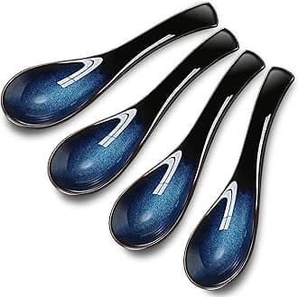 Geiserailie 4 Pieces Asian Ceramic Soup Spoons Set Long Handle Chinese Spoons Retro Blue Japanese Ramen Bowl Soup Spoon Suitable for Gravy, Cake, Oatmeal, Dumplings