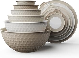 COOK WITH COLOR Mixing Bowls with Lids - 12 Piece Plastic Nesting Bowls Set includes 6 Prep Bowls and 6 Lids, Microwave Safe Mixing Bowl Set, Brown Embossed