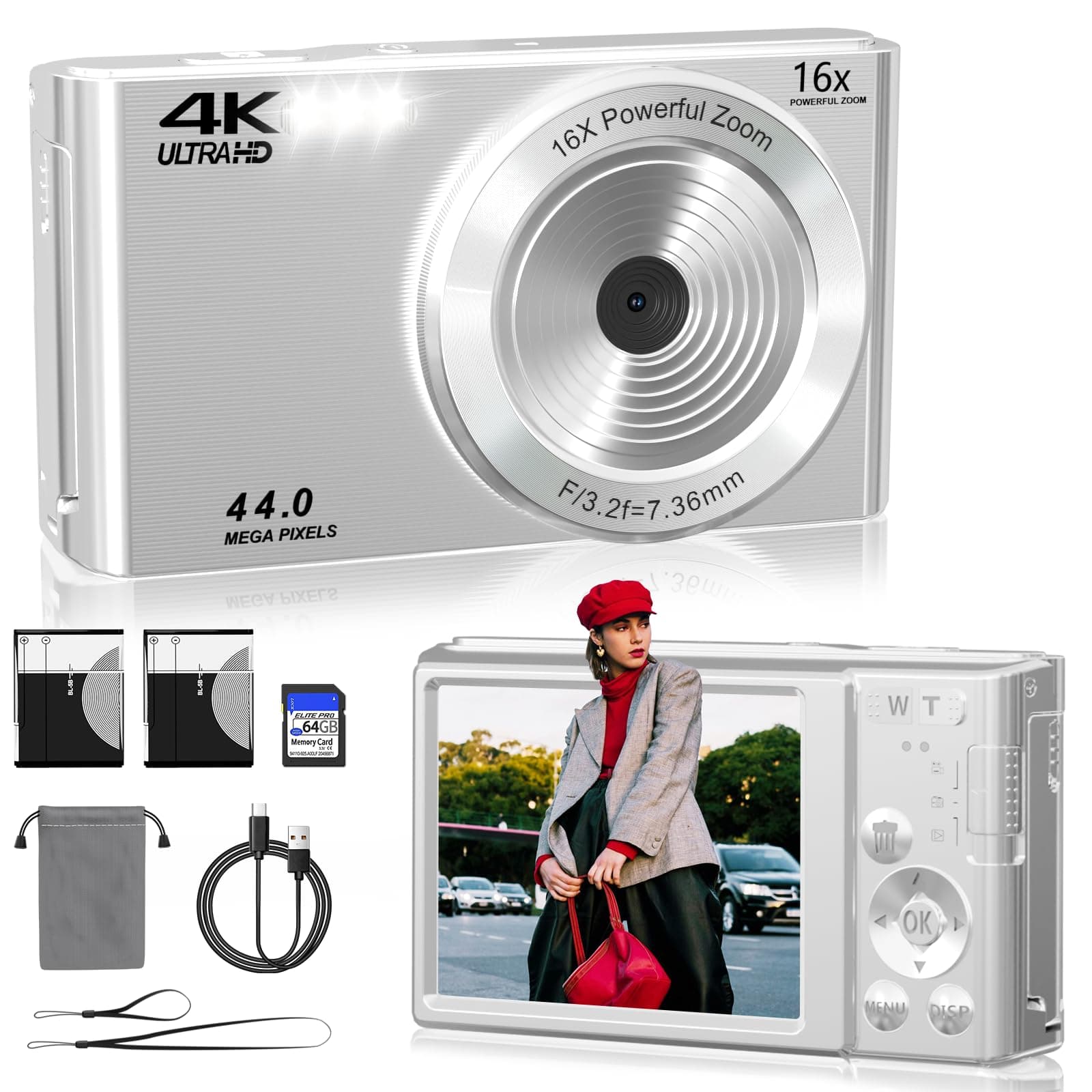 2025 Upgrade Digital Camera 4K 44MP, Compact Point and Shoot Digital Cameras for Teens with 16x Zoom, 64 GB SD Card, Vintage Digital Camera for Kids Boys Girls（Silver ）