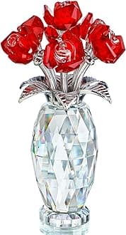 Red Crystal Rose Flower Figurine with Base,Glass Flower Bouquet Gifts for Women Girlfriend Wife,Handmade Crystal Flower Collectible Home Table Decor ​for Valentine's Day Wedding Anniversary