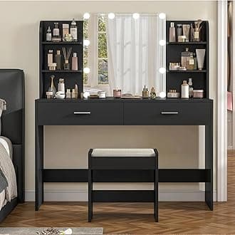 usikey Vanity Desk with Mirror and Lights, Vanity Makeup Table Set with 2 Drawers & 6 Open Shelves, Makeup Vanity Desk Dressing Table with Cushioned Stool, Black