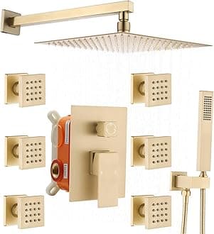 Enga Brushed Gold Rain Shower System with Body Jets, 12 inch Rain Shower Body Spray Jets System Wall Mounted Shower Faucet Set with 3-Function Brass Shower Valve