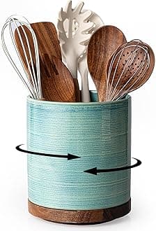 Utensil Holder, 360° Rotating Extra Large Ceramic Kitchen Utensil Holder for Countertop, Cooking Utensil Crocks for Counter with Rotatable Wooden Base, Farmhouse Kitchen Decor, Green