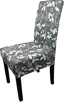 Printed High-Back Chair Covers for Dining Room Chairs – Spandex Stretch, Universal Armless Chair Protective Slipcover for Kitchen, Wedding, Party, Banquet & Hotel, Kaymas Leaves - Grey, Pack of 1