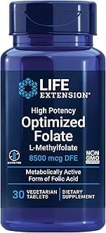 Life Extension High Potency Optimized Folate – L-methylfolate – Folic Acid, 8500 mcg DFE – Heart & Brain Support, Healthy Homocysteine Levels – Gluten-Free, Non-GMO, Vegetarian – 30 Tablets