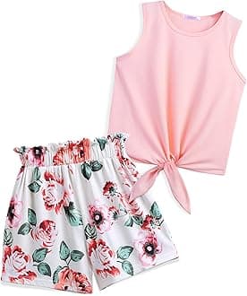 Arshiner Girl's 2 Piece Outfits Tie Knot Tank Top and Paperbag Waist Pocketed Summer Short Sets