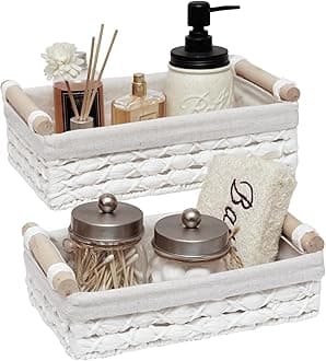 Storage Basket Wicker Baskets for Organizing with Handle Decorative Storage Bins for Countertop Toilet Paper Storage Basket for Toilet Tank Top Small Baskets Set (Set of 2,White)