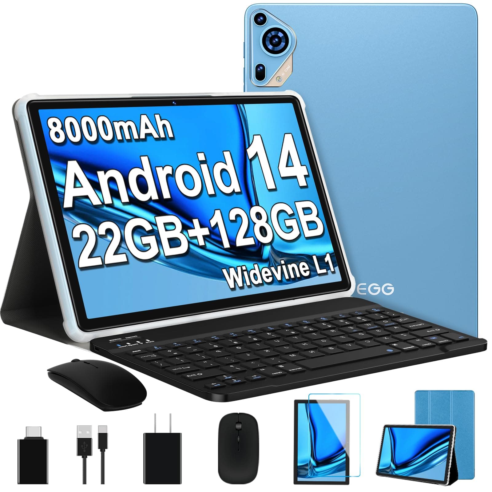 2025 Android 14 Tablet 10 inch Octa-Core Tablets with 22GB RAM+128GB ROM(Expand to 1TB),8000mAh Large Battery,1280x800 IPS HD Touch Screen,Support Widevine L1,Keyboard & Mouse Included-Metal Blue