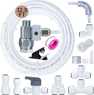 Refrigerator Water Line Kit Connection and 1/4 Compression Ice Maker Installation Kit,1/4" OD Tubing with Quick Connect for Fridge IceMaker RO Systems Water Filter Faucet,+Feed Water Adapetr 32.8ft