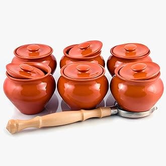 STP GOODS Set of 6 Natural Clay Stoneware Baking Pots with Oven Fork (0.5-Qt each) Stoneware Ramekins with Lids & 1 Oven Fork - 16.9 fl oz (500 ml) - Clay Pots for Cooking, Dutch Oven Pot With Lid