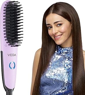 Vega Mini Hair Straightener Brush-Natural Straight in Few Min for Women | Thermoprotect Technology, Ceramic Coated Bristles | 2 Heat Settings, Straightening Brush, Hot Brush, (Go Mini Series, VHSB-05)