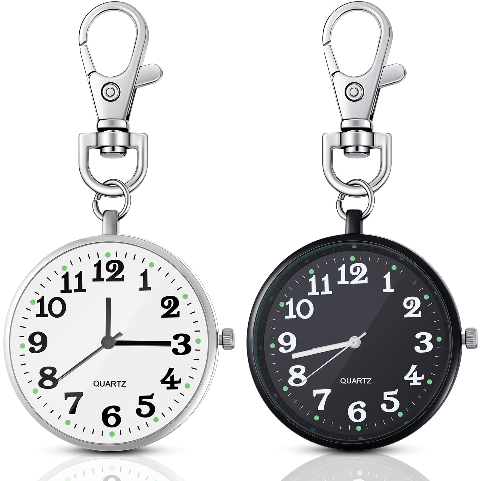 2 Pieces Quartz Pocket Watch with Key Buckle Round Keychain Clip on Watch Portable Unisex
