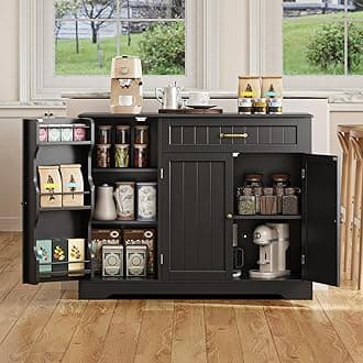 Gizoon Kitchen Sideboard Buffet Cabinet with Storage Small Coffee Bar Cabinet with Drawer, Kitchen Pantry Storage Cabinet with Door and Shelves for Bathroom and Living Room, Black