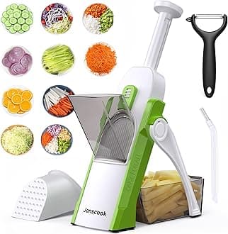 Safe Mandoline Slicer for Kitchen, Adjustable Thickness 0.1-8 mm, 5 in 1 Multi Vegetable Chopper, Potato Slice, Food Chopper French Fry Cutte, with Paring Knife/Cleaning Brush, Mandolin (AvocadoGreen)
