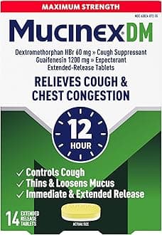 DM 12Hr Maximum Strength Chest Congestion & Cough Medicine For Adults, Cold And Cough Medicine for Excess Mucus Relief, 1200 mg Guaifenesin & 60 mg Dextromethorphan HBr, 14 Bi-Layer Tablets