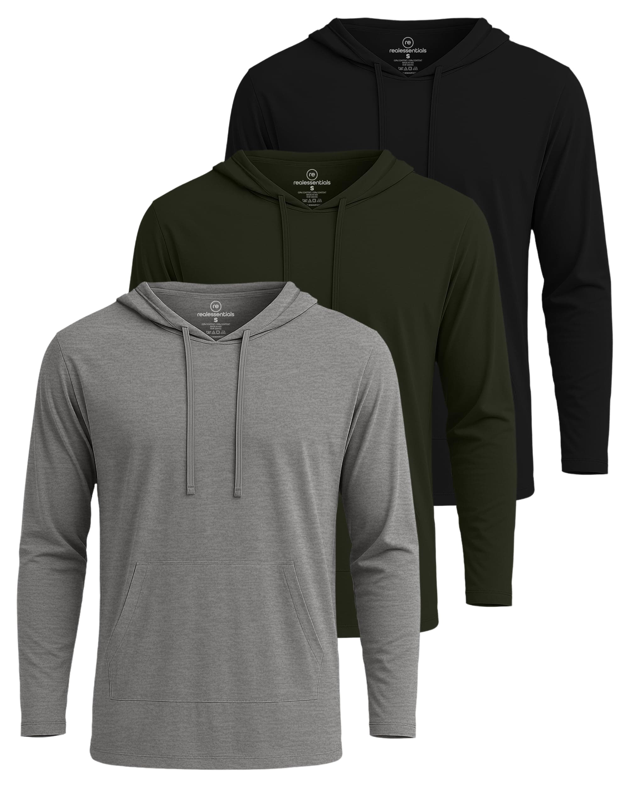 Real Essentials 3 Pack: Men's Cotton Lightweight Casual Pullover Drawstring Hoodie With Pocket (Available In Big & Tall)