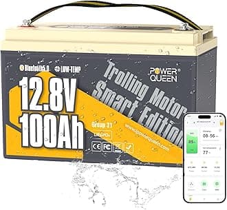 Power Queen LiFePO4 Battery 12V 100Ah Bluetooth Group31 Deep Cycle Battery, Max. Output Power 1280W, 100A BMS with Low-Temp Cut-off Protection for RV, Trolling Motors, Solar System