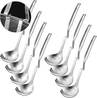 Hot Pot Slotted Ladle Set Stainless Steel Soup Ladle Strainer Scoops Cooking Skimmer Cookware Utensil for Hotpot Scooping Sauce Serving, 12 Inch(8 Pcs,Silver)
