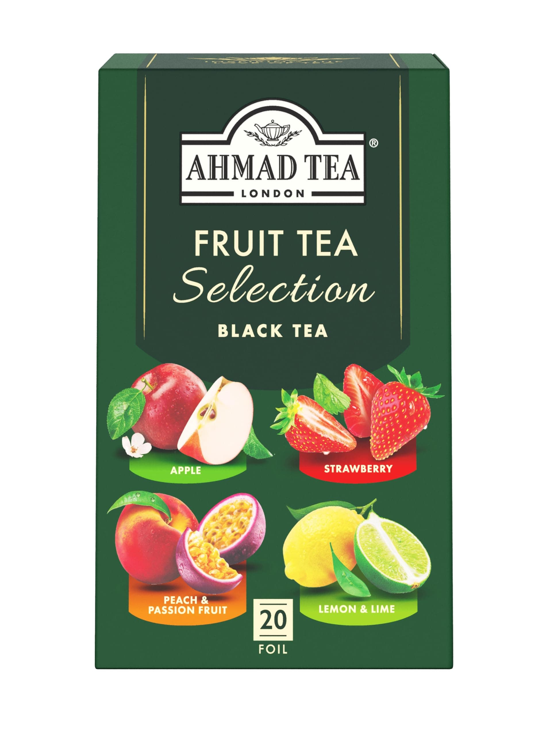 Ahmad Tea Herbal Tea, Fruit Selection, 4 Teas Apple Refresh, Peach and Passion Fruit, Srawberry Sensation, and Lemon and Lime Twist Teabags, 20 ct - Caffeinated and Sugar-Free