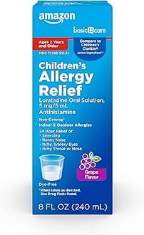 Amazon Basic Care Children’s Allergy Medicine, 24 Hour Loratadine Oral Solution 5 mg/5 mL, Non-Drowsy Antihistamine, Grape Flavor, Ages 2 and Older, 8 Fluid Ounces