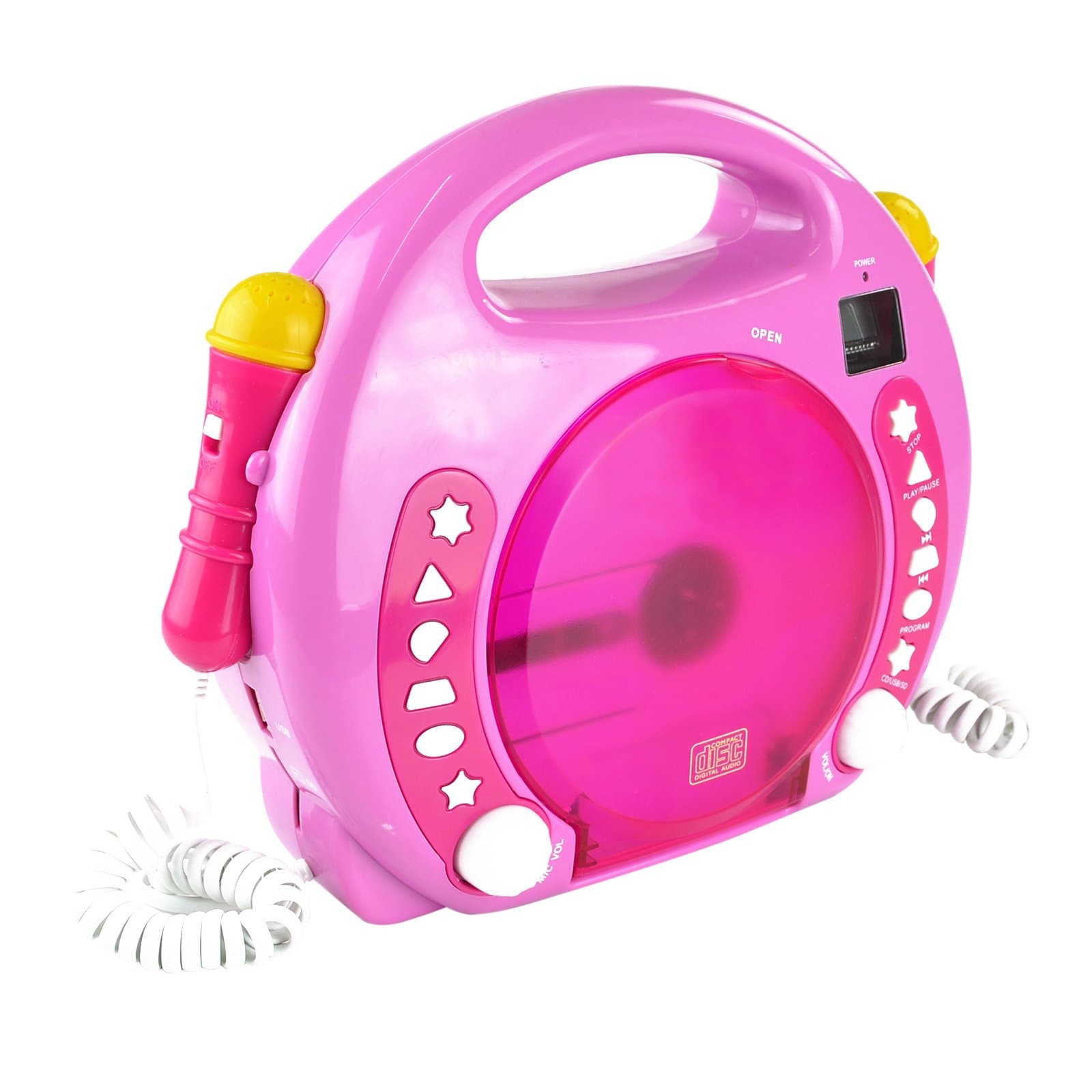 X4 TECH Bobby Joey Children's CD Player for USB Stick SD Card MP3 CD 2 x Microphones Karaoke Including Sticker Pink