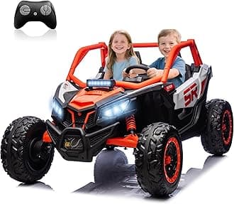24V 7AH XXXL 2 Seater Power Wheels for Big Kids, 25" 4WD Largre Kids' Electric Vehicles with Remote Control for Girls and Boys, UTV Ride On Car for Kid, EVA Tires, Spring Absorbers, Orange