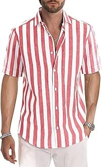 JMIERR Men's Casual Stylish Short Sleeve Button-Up Striped Dress Shirt Cotton Beach Shirts