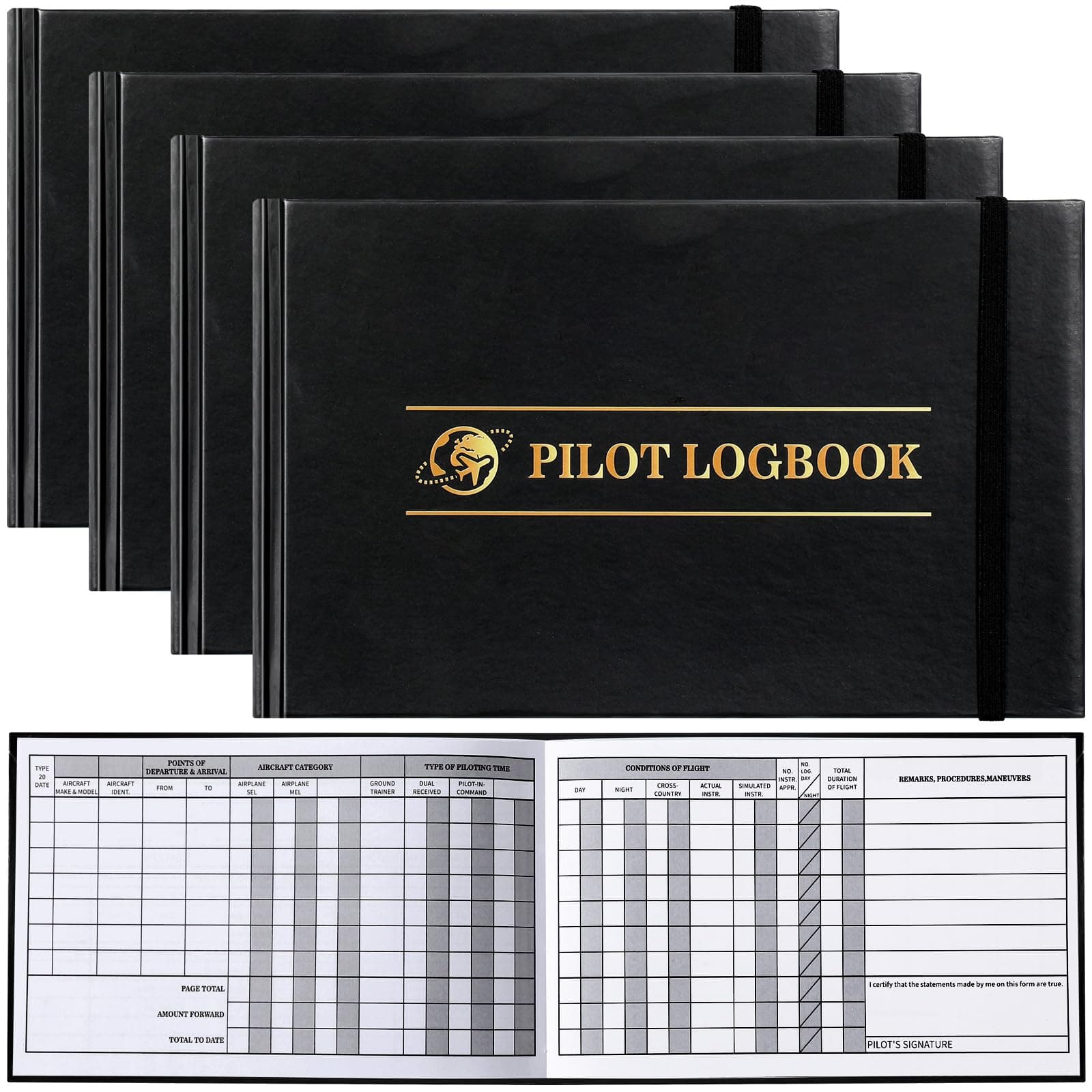 - 4 Pcs Pilot Logbook Black Hardcover Pilot Log Book Flight Log Book(Classic)