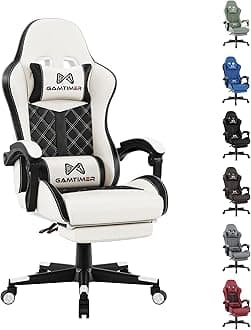 Gaming Chair,Computer Chair with Footrest and Lumbar Support,Breathable PU Leather,4D Lumbar Support and Headrest,360 Degree Swivel Chair with Adjustable Ergonomic Backrest for Adults(White)