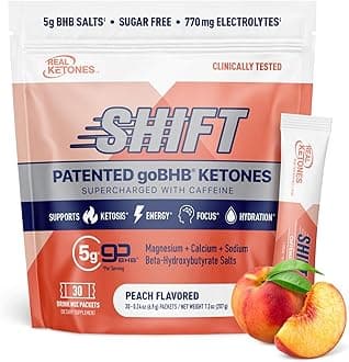 Real Ketones BHB Exogenous Ketones Drink Mix Packets Keto Electrolytes Powder Packets No Sugar with 4 Main Fasting Electrolytes Plus Hydrating Patented Keto BHB - 30 Count Peach Caffeine