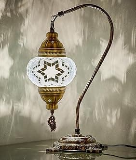 DEMMEX Turkish Moroccan Mosaic Table Lamp–Handcrafted Tiffany-Style Colorful Glass Swan Neck Bedside, Desk Light, Boho Artisan Accent Lighting for Bedroom, Living Room–38cm H, White-Clear